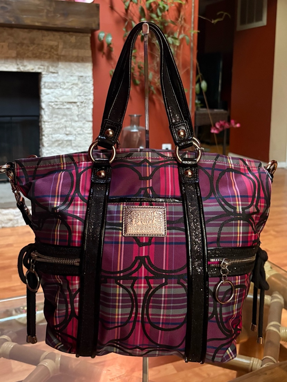 Coach Poppy Pink Plaid Tote Bag with Black Trim 2 Charms Included Like New - Picture 2 of 9